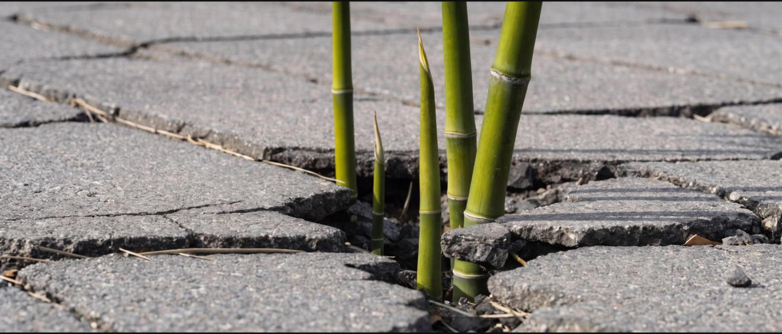 Green bamboo shoots pushing up through a crack in grey asphalt paving